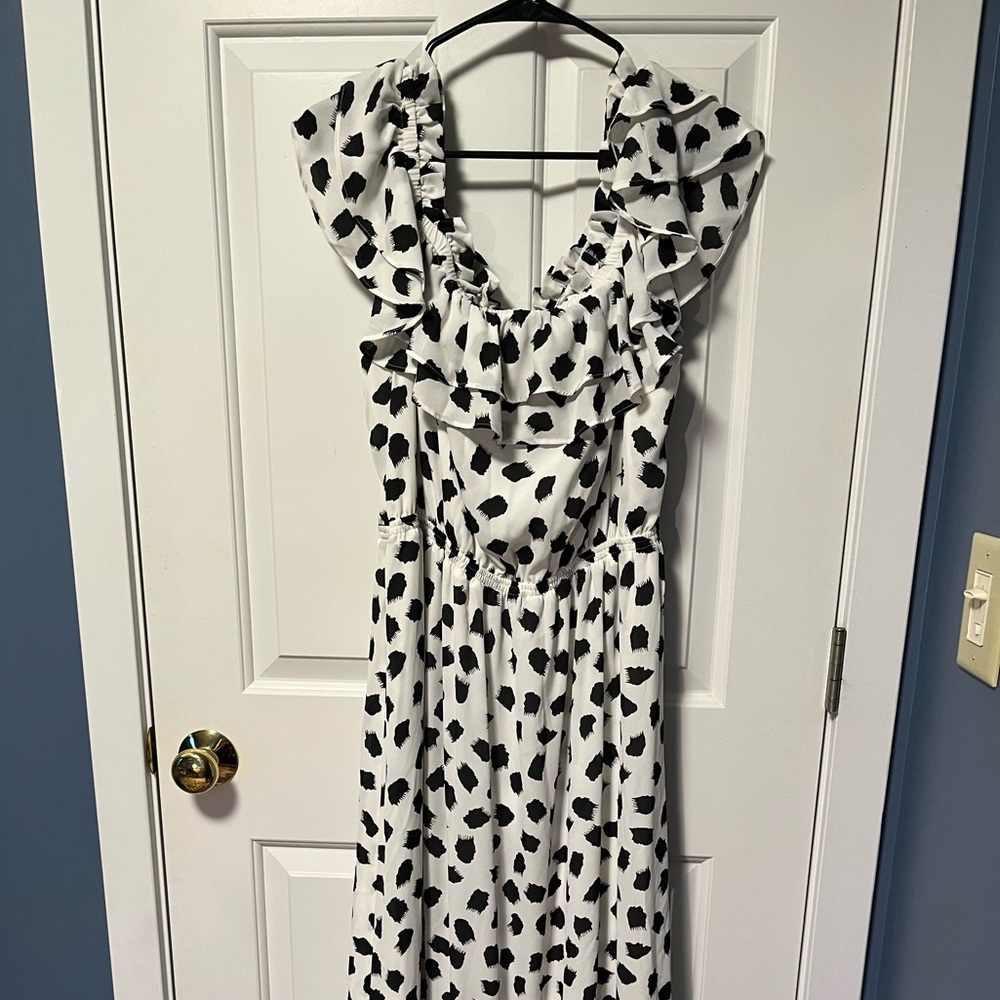Lane Bryant x Beauticurve Black White Brushstroke Dot Ruffle Maxi Dress